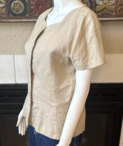Claude Bennett Short Sleeve 100% Linen Size 12 tan button up blouse vtg