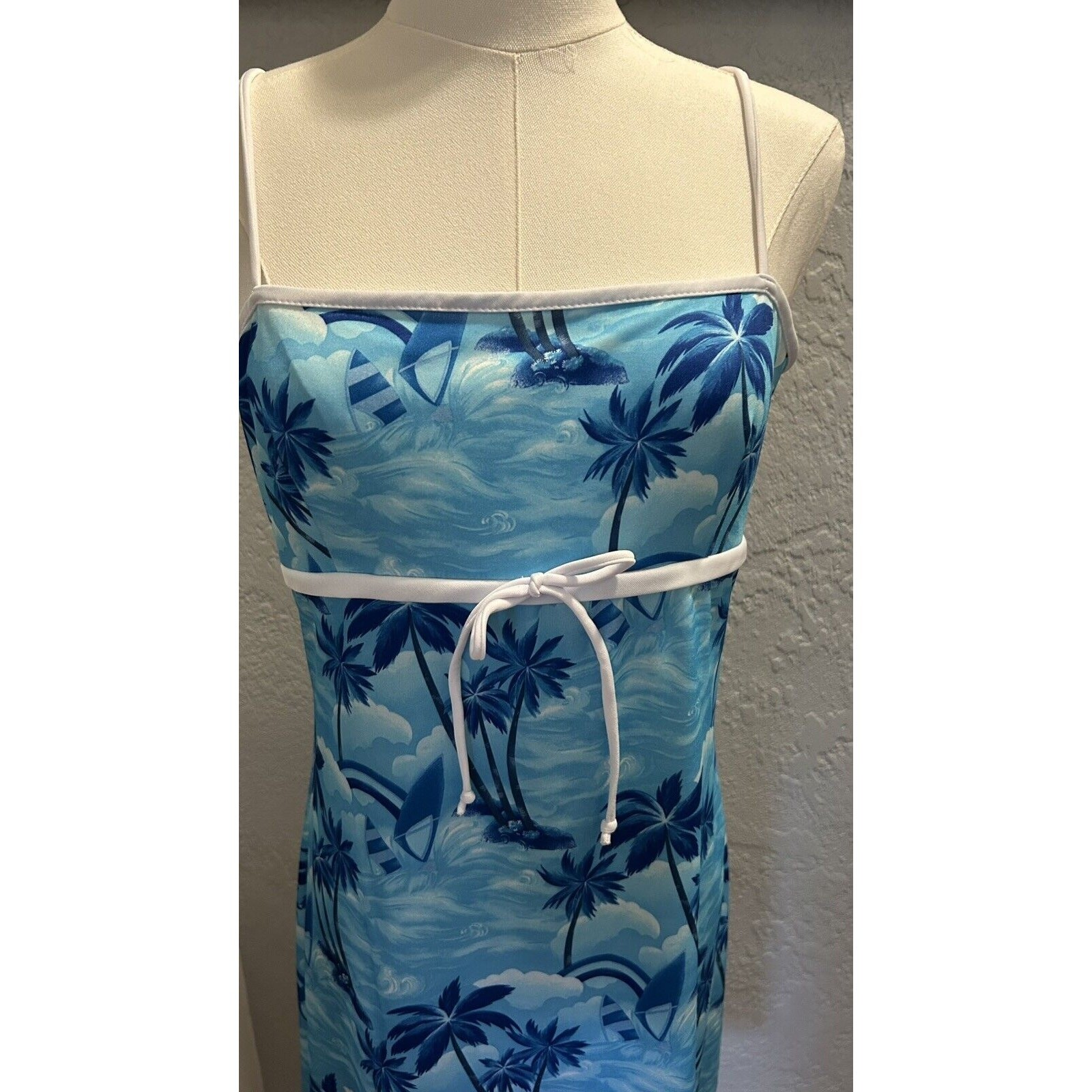 Finesse Tank Dress Women LG Blue White Tropical Print USA Vintage Y2K Resort