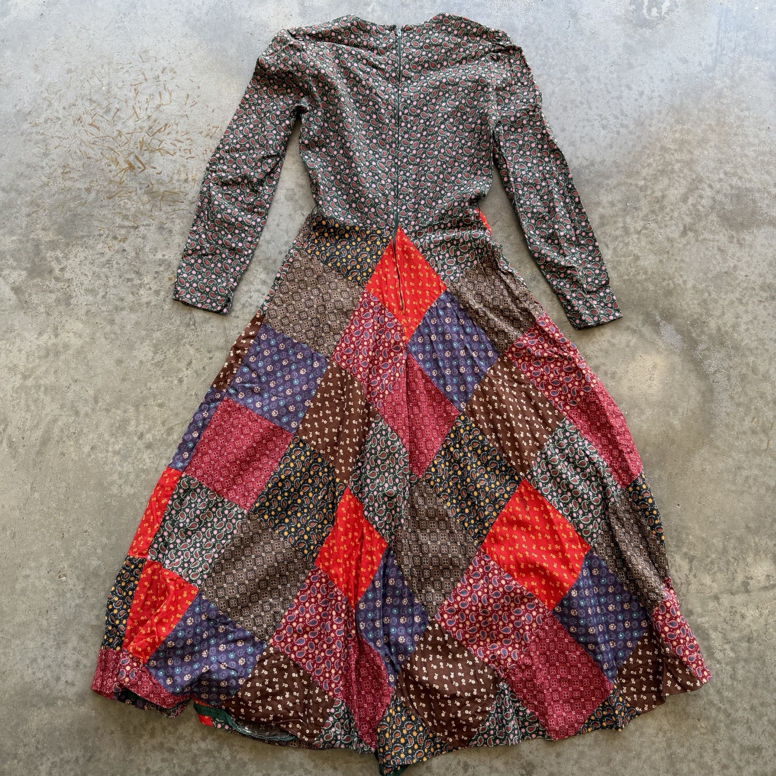 Vintage 70s Paisley Patchwork Dress Size 7 (XS) Long Sleeve Hippie Boho Festival