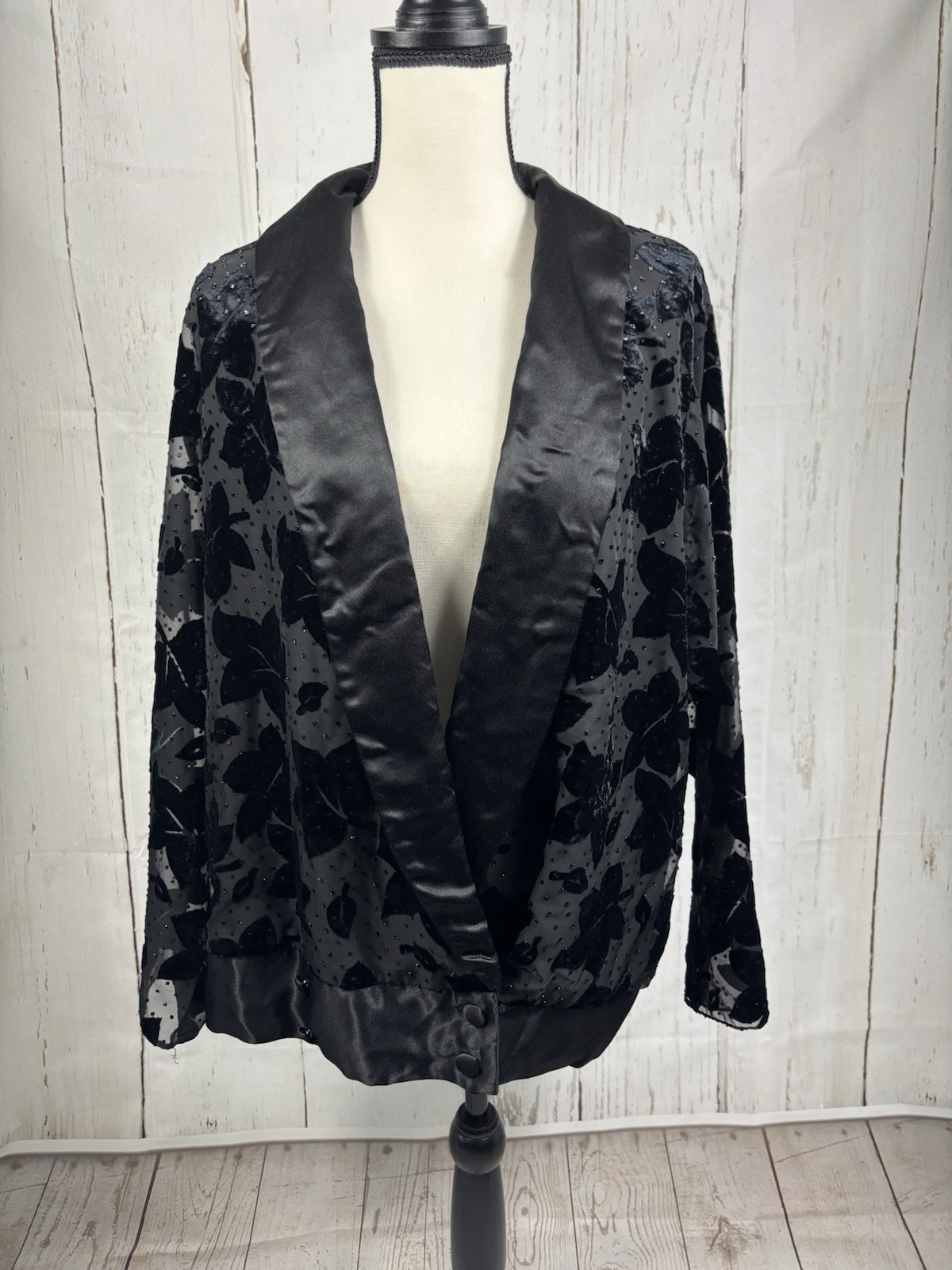 Vintage Velvet Satin Floral Patra Open Jacket Cardigan Satin Shawl Collar Sz XL
