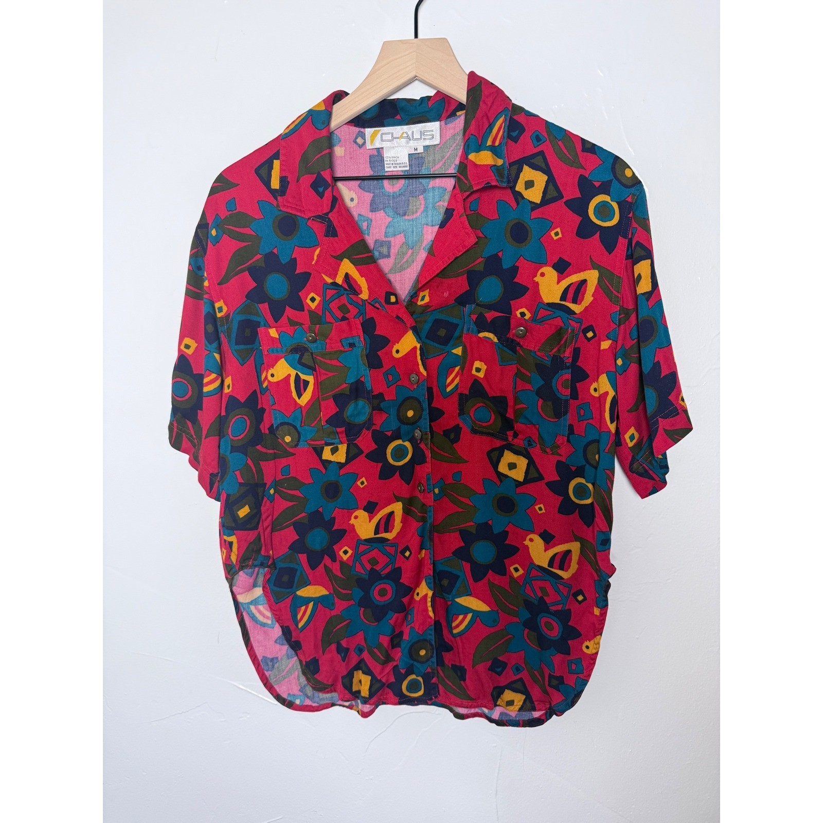 Vintage 80s Chaus Rayon Bird Floral Shirt Camp Collar Maximalist Red