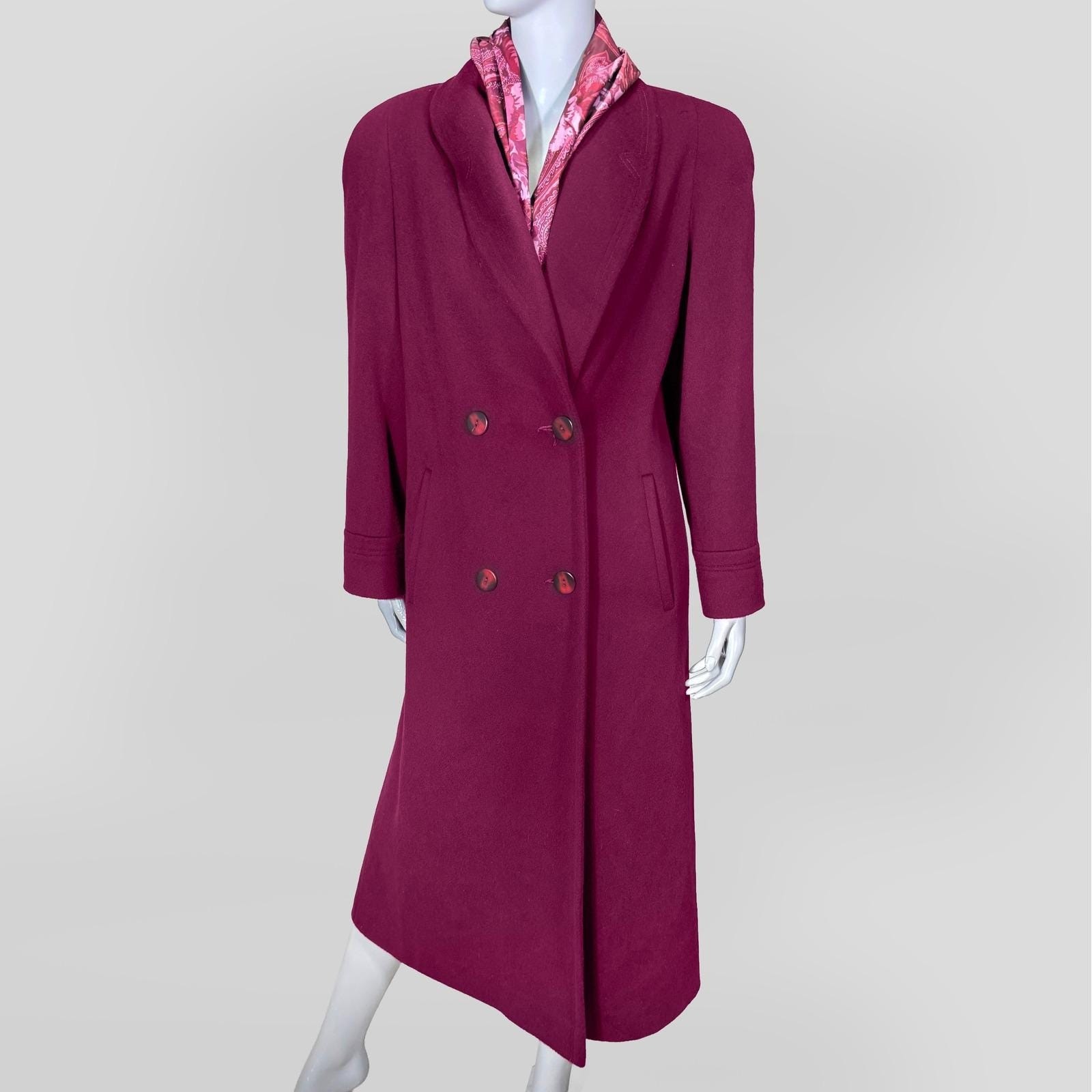 VTG Alorna Forstmann Magenta Wool Blend Coat with Scarf Womens L Peacoat