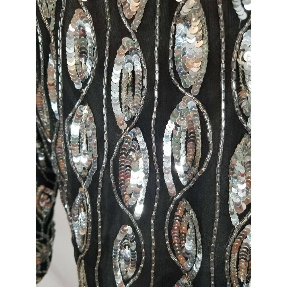 Vtg Sho Max NY Silver Sequin Silk Crepe Blouse Vertical Stripe Disco NYE Party S