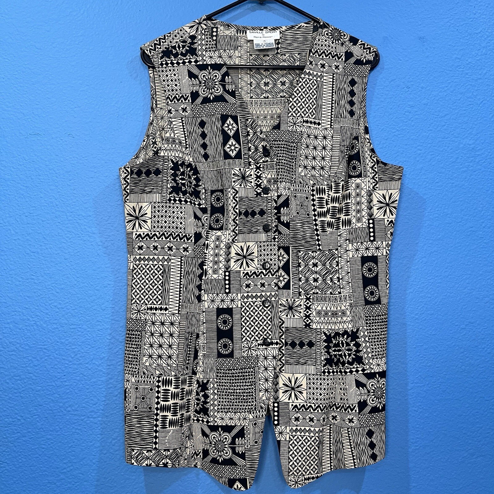 Vintage Saville Sport Rena Rowan Long Rayon Tan Black Busy Abstract Vest Size 14