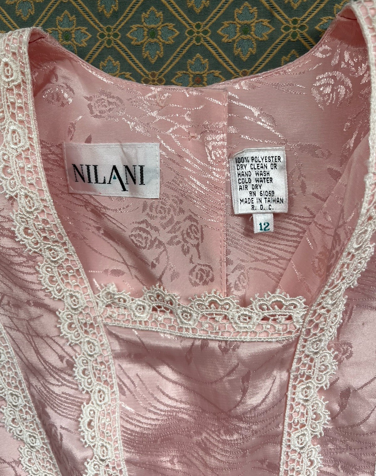 Vtg Nilani Lace Dress Blush Pink Drop Waist Button Shoulder Pads Sz 12