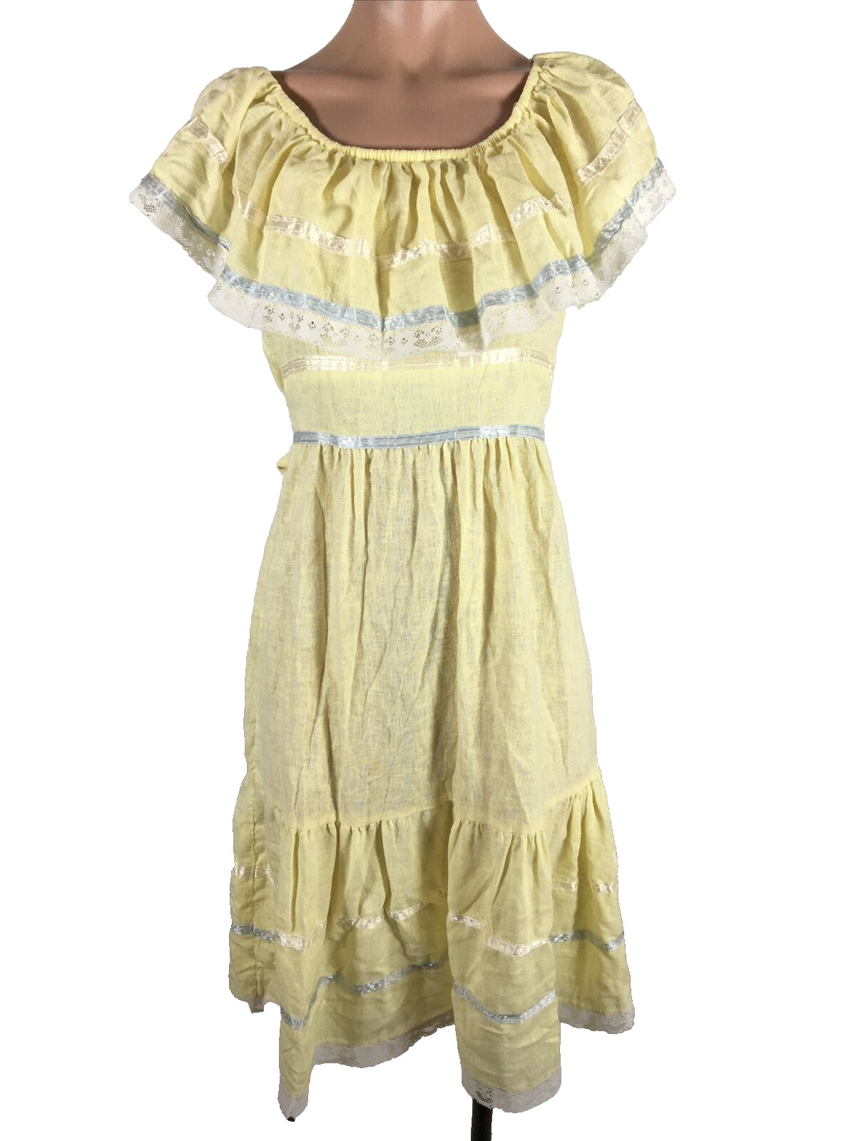 Vintage Sundress Tiered Lace Cottage Core Paper Moon 70s Ruffled Off Shoulder