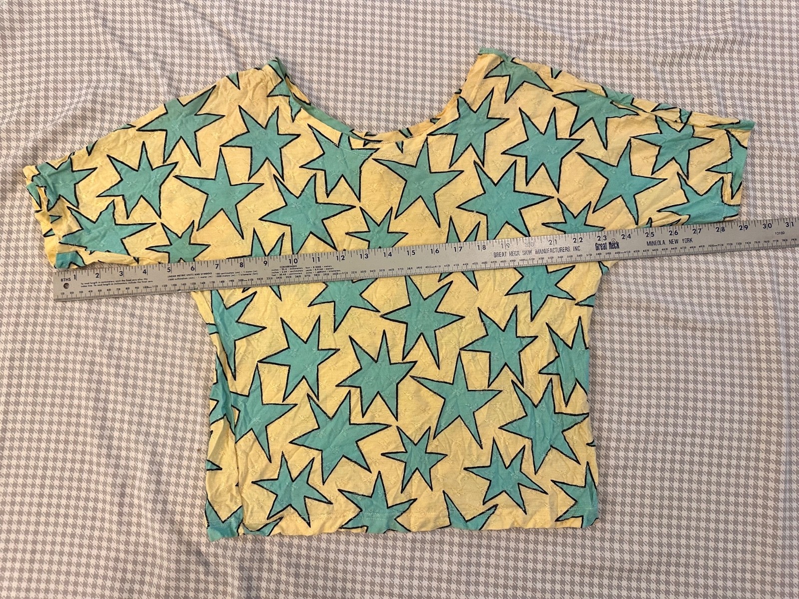 VTG 80s/90s Esprit Teal Starburst Pattern Scoop Neck Shirt Womens Size S