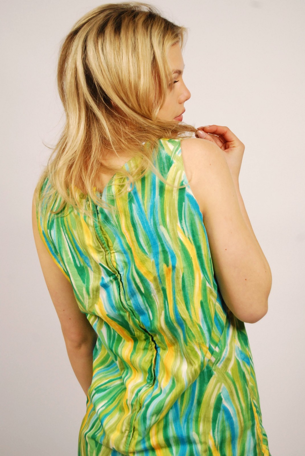 60s Artsy Shift Dress (L) large green blue vintage midi paint abstract retro mod