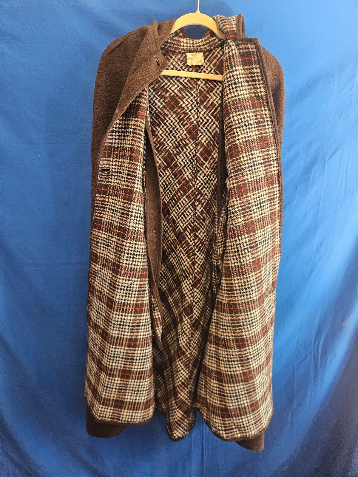 Vintage Brown Wool Hooded Cape with Houndstooth Plaid Lining