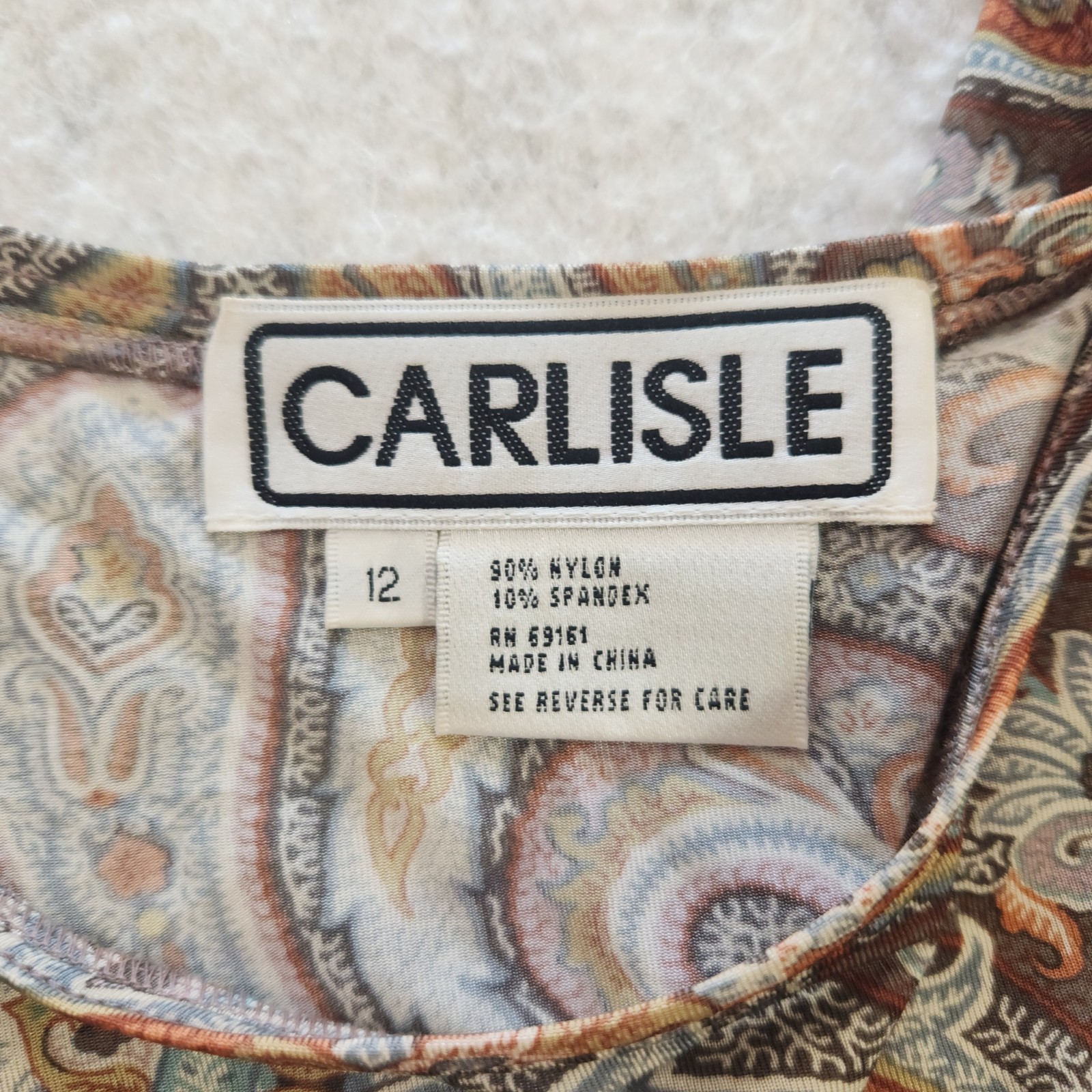 Vintage CARLISLE Paisley Fitted Shirt Women’s 12 Stretch Lightweight Ruched Top