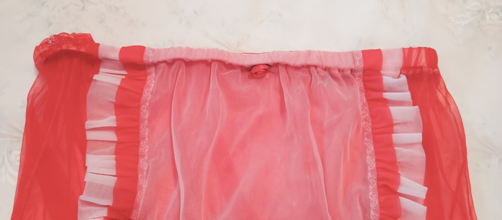 IRISH ROSE CUSTOM NYLON PANTY sz XL RED ANGEL SHEER w-WHITE RUFFLE -ROSES #AU609
