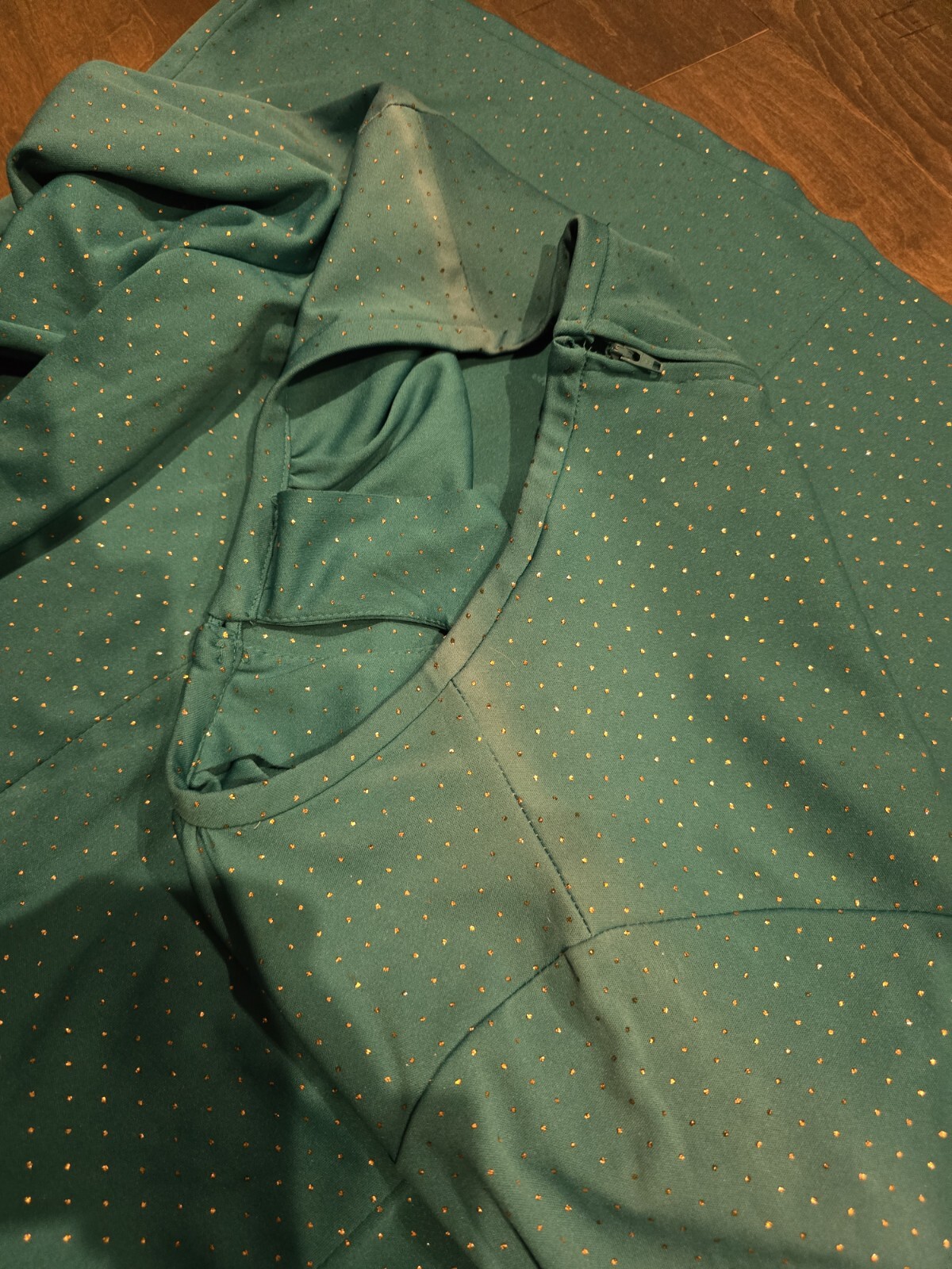 Vintage 60s House Day Dress Teal Gold Dots Frilly sleeves Mod M/L