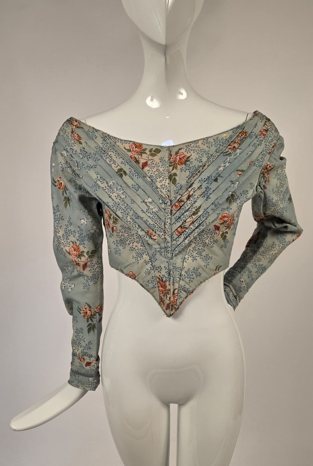 HAND SEWN 1830’S ROSE PRINT BODICE W FAN DETAILED FRONT + MATCHING PELERINE
