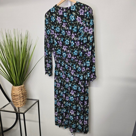 Virgo II Vintage Womens Size 12 Floral Polka Dot Long Sleeve Midi Dress Black