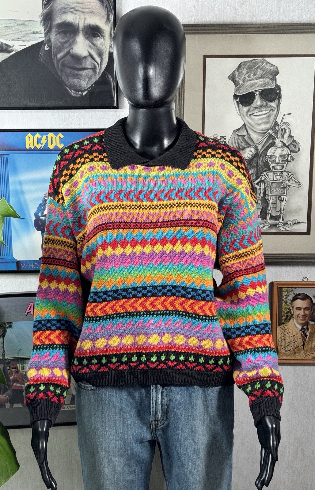 Vintage Coogi Style Colorful Knit Sweater Bold Multicolor Textured 90s Sweater