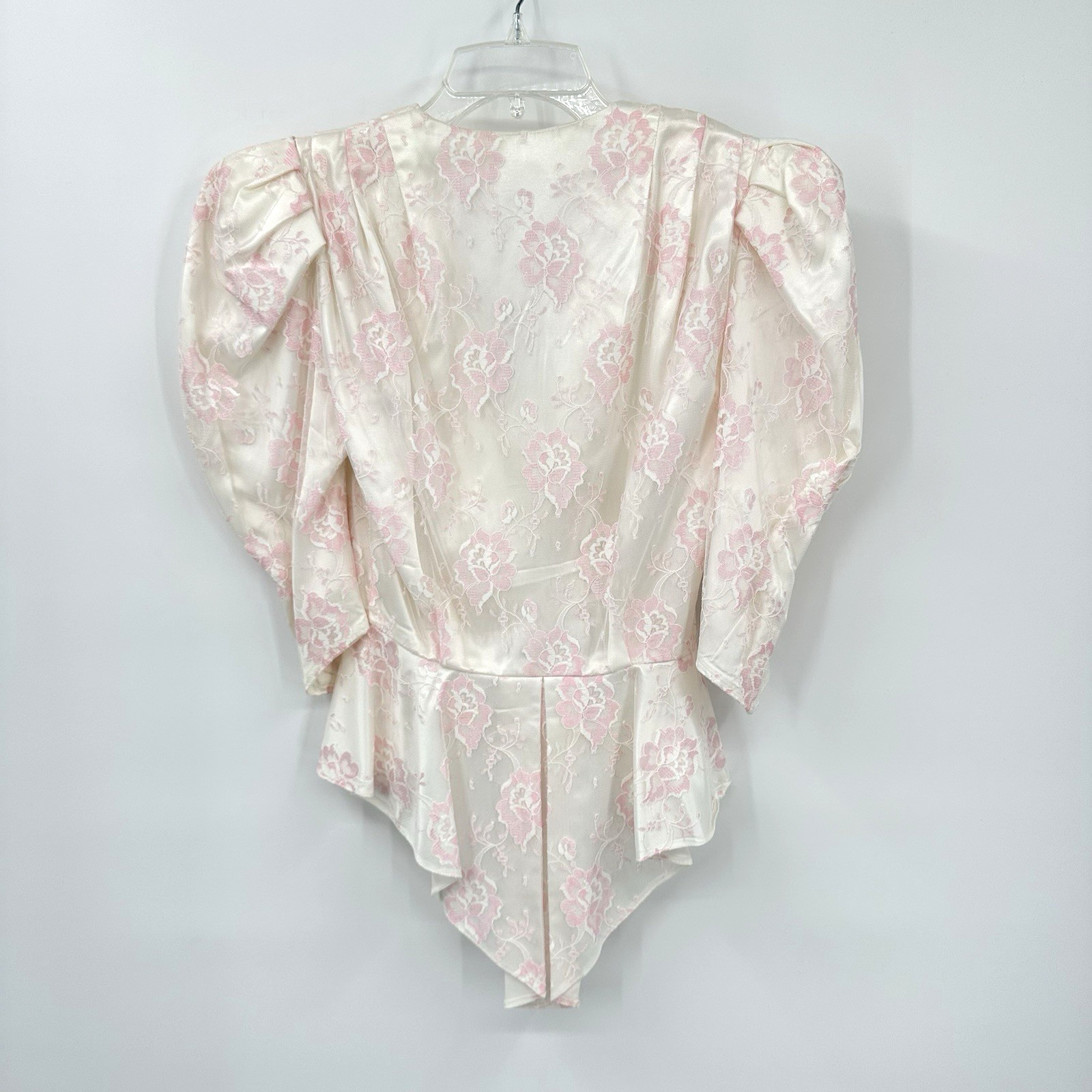 vintage 80s COQUETTE FLORAL BLOUSE XS victorian puff shoulders pink peplum retro