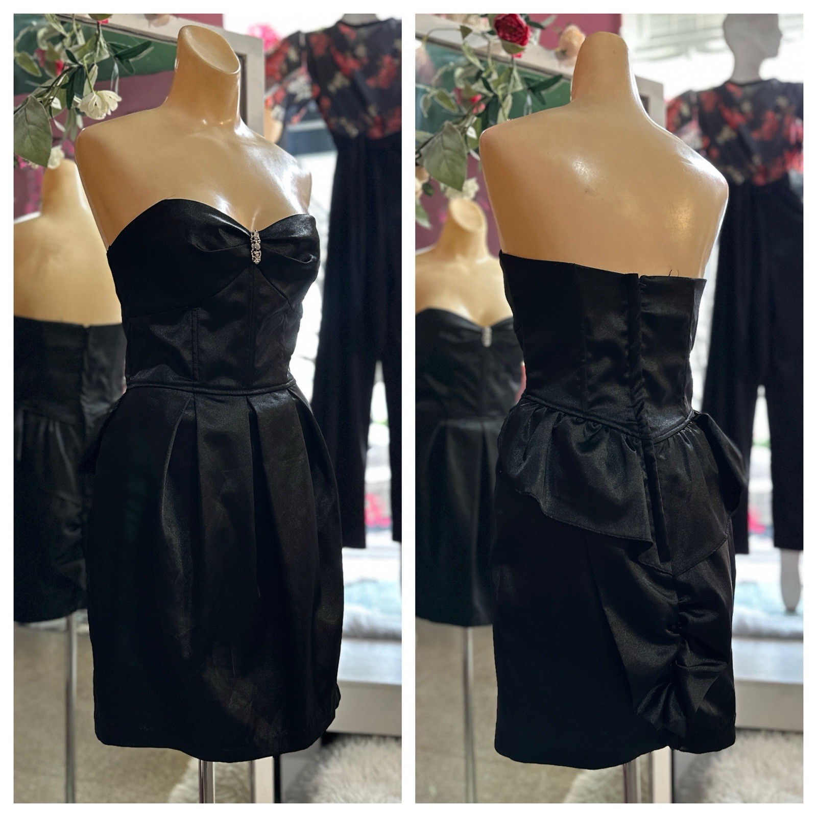 Vintage 90s Y2K Strapless Mini Dress Black Satin Peplum Fishtail Bustier XS