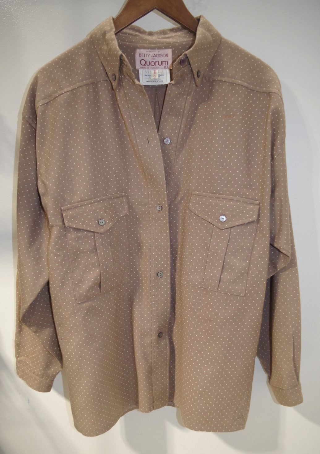 P4 Vintage Betty Jackson for Quorum Tan Polka Dot SHIRT 10 England Wool & Cotton