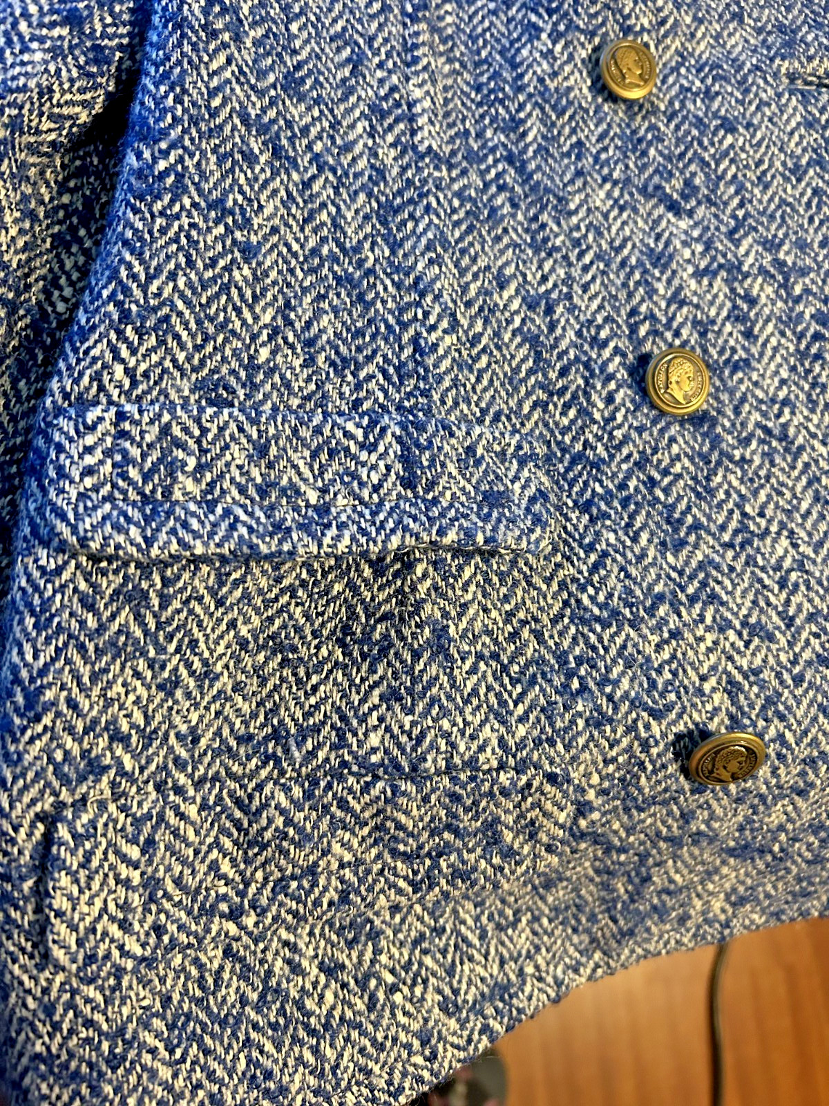 1950s Handmacher Bright Blue Herringbone Tweed Suit Pea Coat + Skirt L Academia