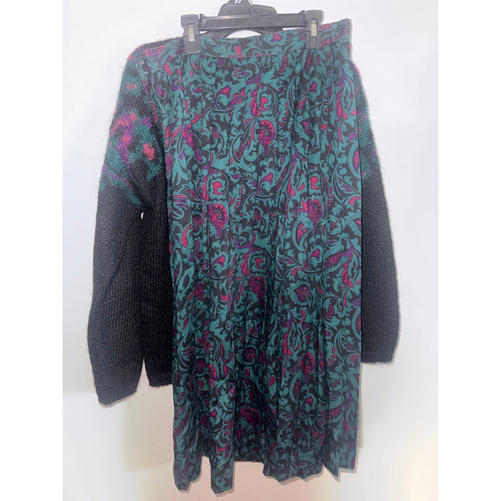 Vintage Cambridge Spirit Mohair Sweater Paisley Skirt Set Blk Teal Magenta L/14