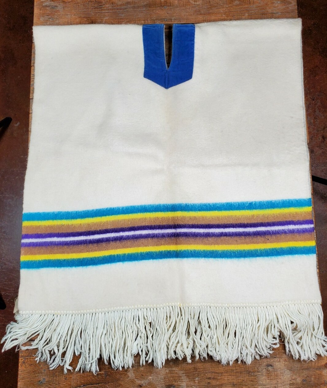 Vintage Felted Wool Blanket Poncho Fringe Stripes Southwestern Shawl