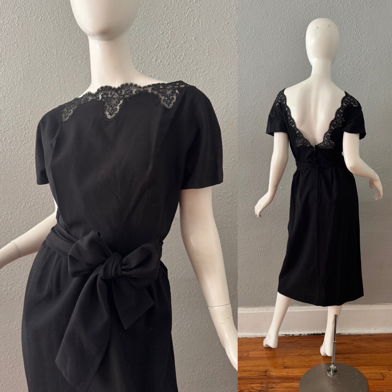 Vintage 60s Black Plunging Bow CHARLES COOPER Cocktail Party Dress M