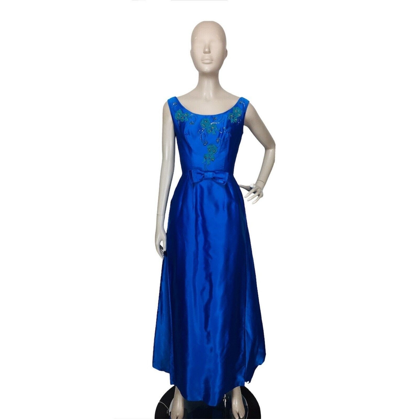 Vintage 1940s Cartwright Blue Satin Jewel Tone Beaded Embroidered Gown Dress