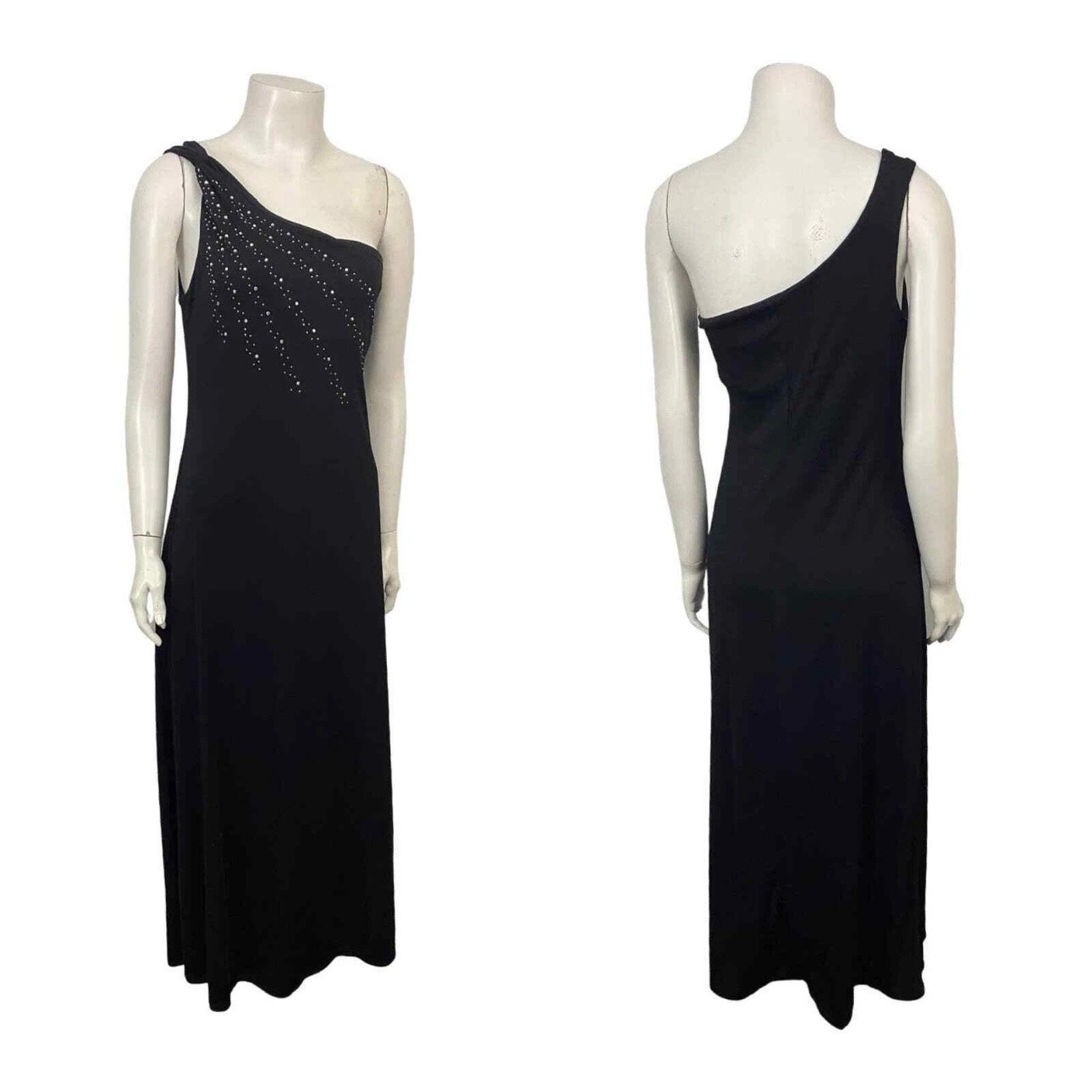 Vintage One Shoulder Black Evening Dress Rhinestone Asymmetrical Gown / medium ^