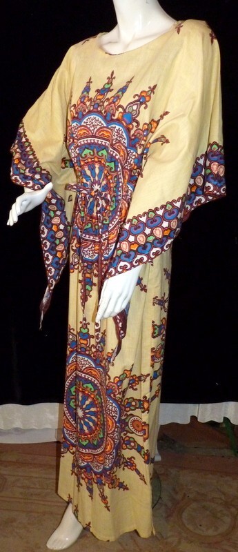 Vintage 1970s CAFTAN Indian Block Print Angel Sleeve Festival Wear OS