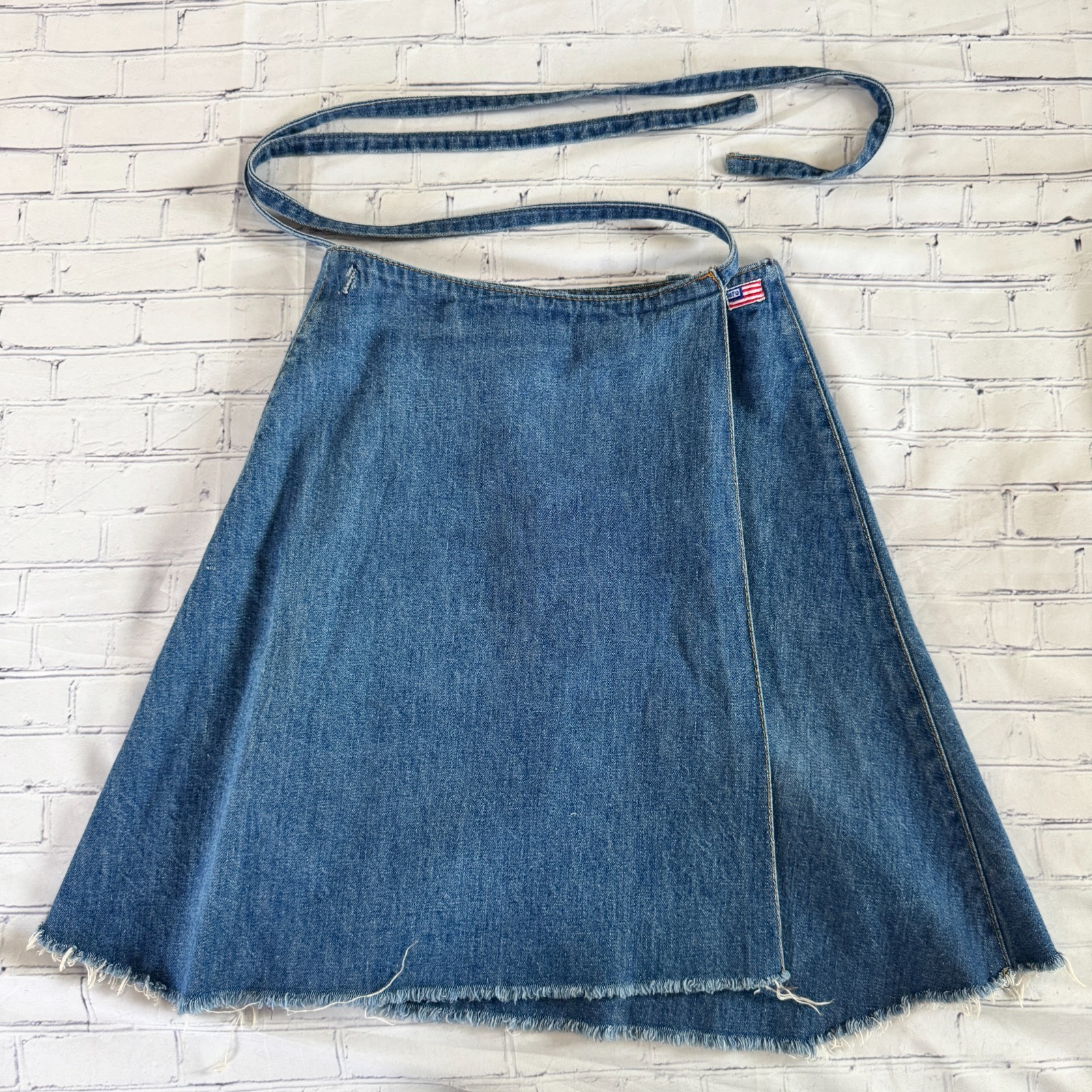 70s vintage UFO JEANS Denim Cut-off Wrap Mini Skirt USA NY American Flag Patch