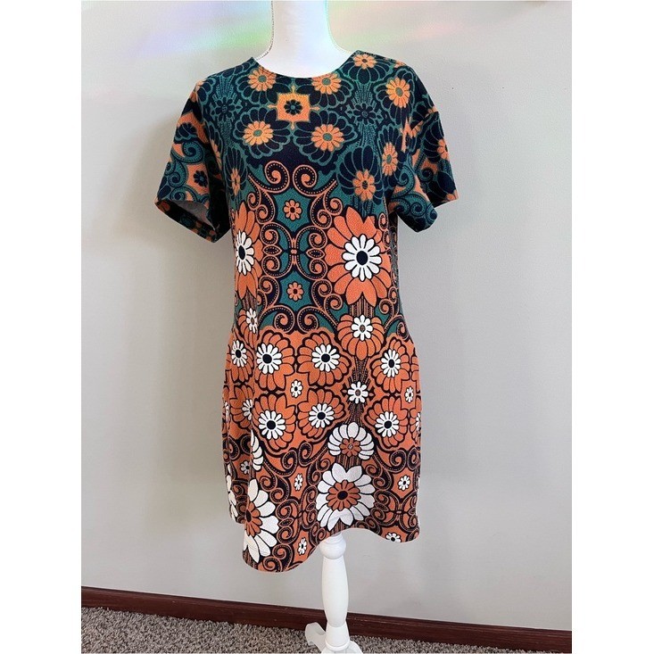 Maeve by Anthropologie Mod Floral Mini Dress Orange Teal Retro 60s Shift Medium