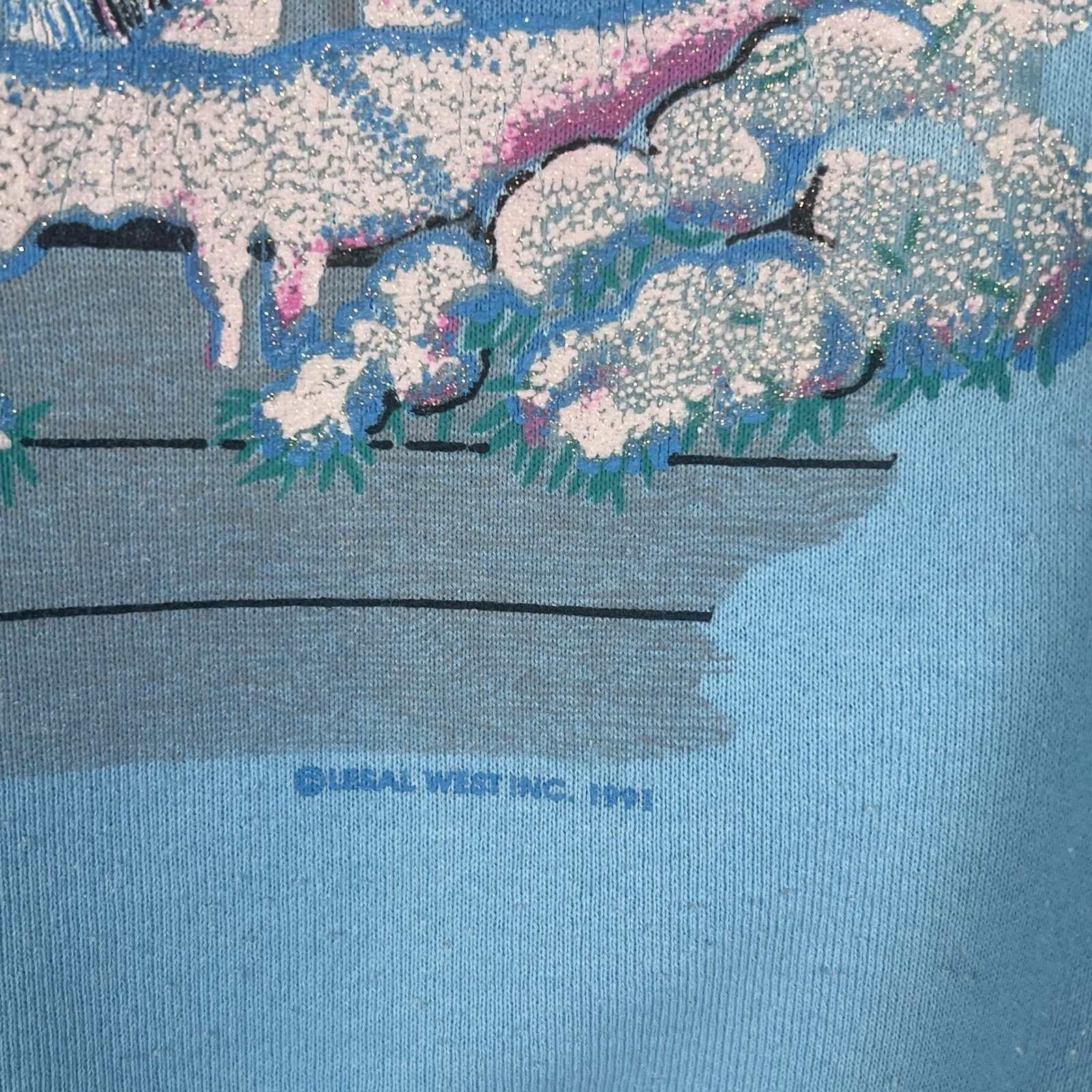 VTG 1991 Kitty Cat Winter Sweatshirt Sz XL Blue Collared Puffy Paint Collared