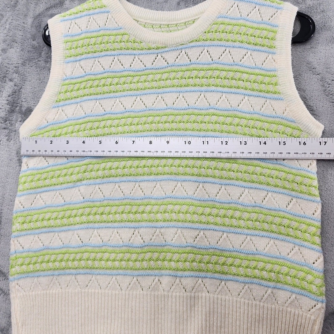 Vintage Sweater Womens XS Cream Green Blue Striped Pointelle Cardigan Twin Set