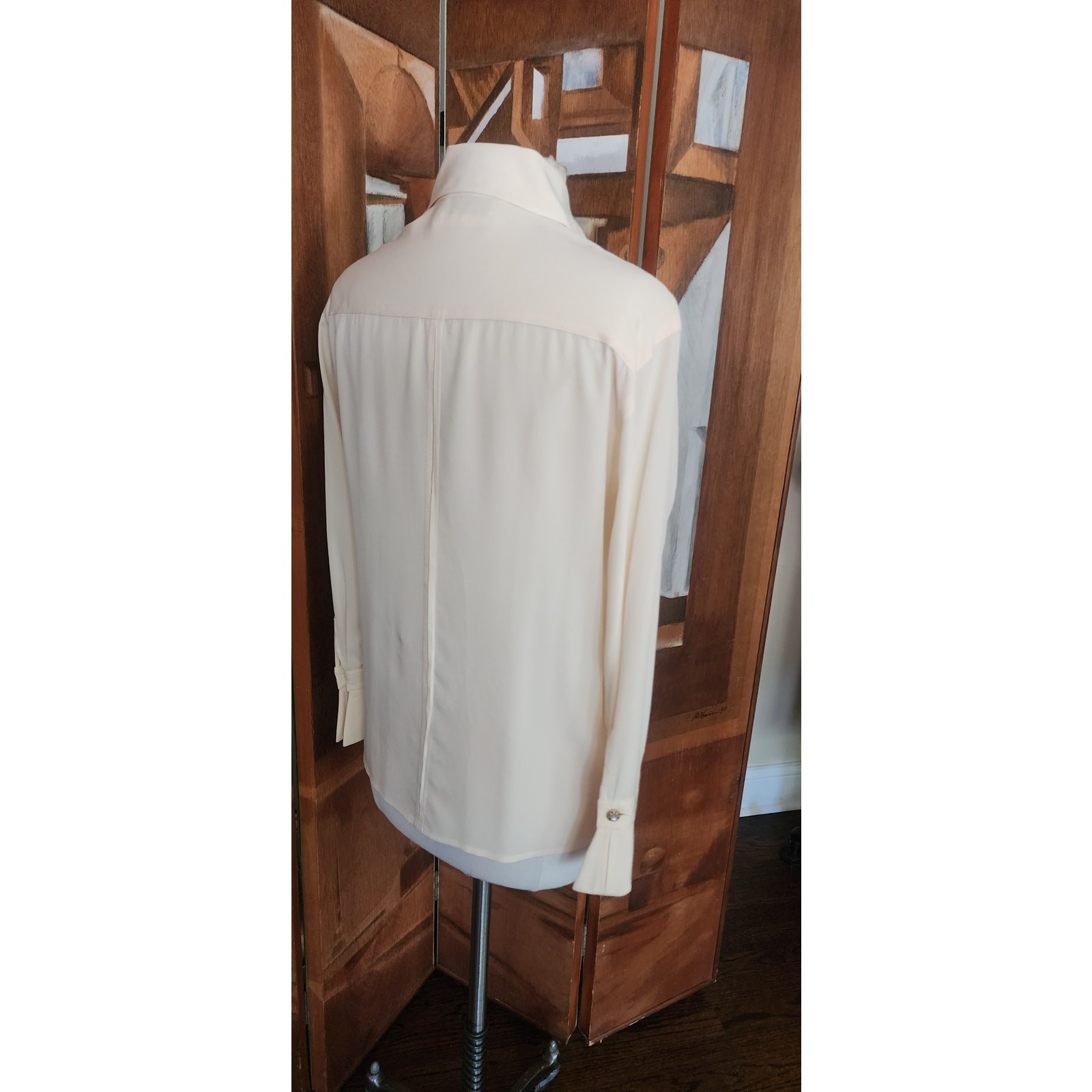 Vintage 1980s Karl Lagerfeld Blouse Cream Silk Shirt Asymmetric Button Down Med