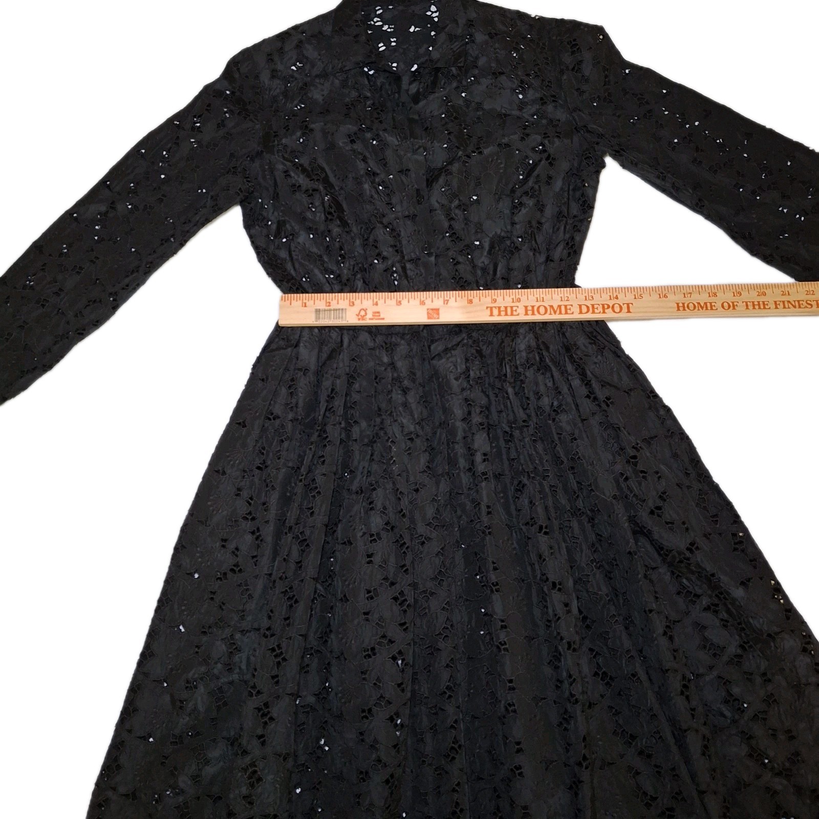 Vintage Black AFL CIO Union Made Lace Dress Classic Cinched Waist Flared Skirt
