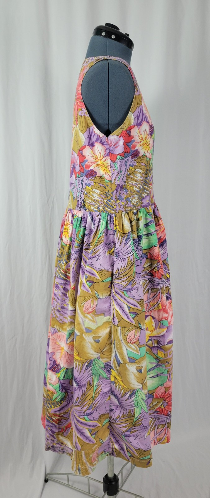 Vintage Erika Pink/Purp/Green/Tan Tropical Floral Print Jumper w Pockets Size L