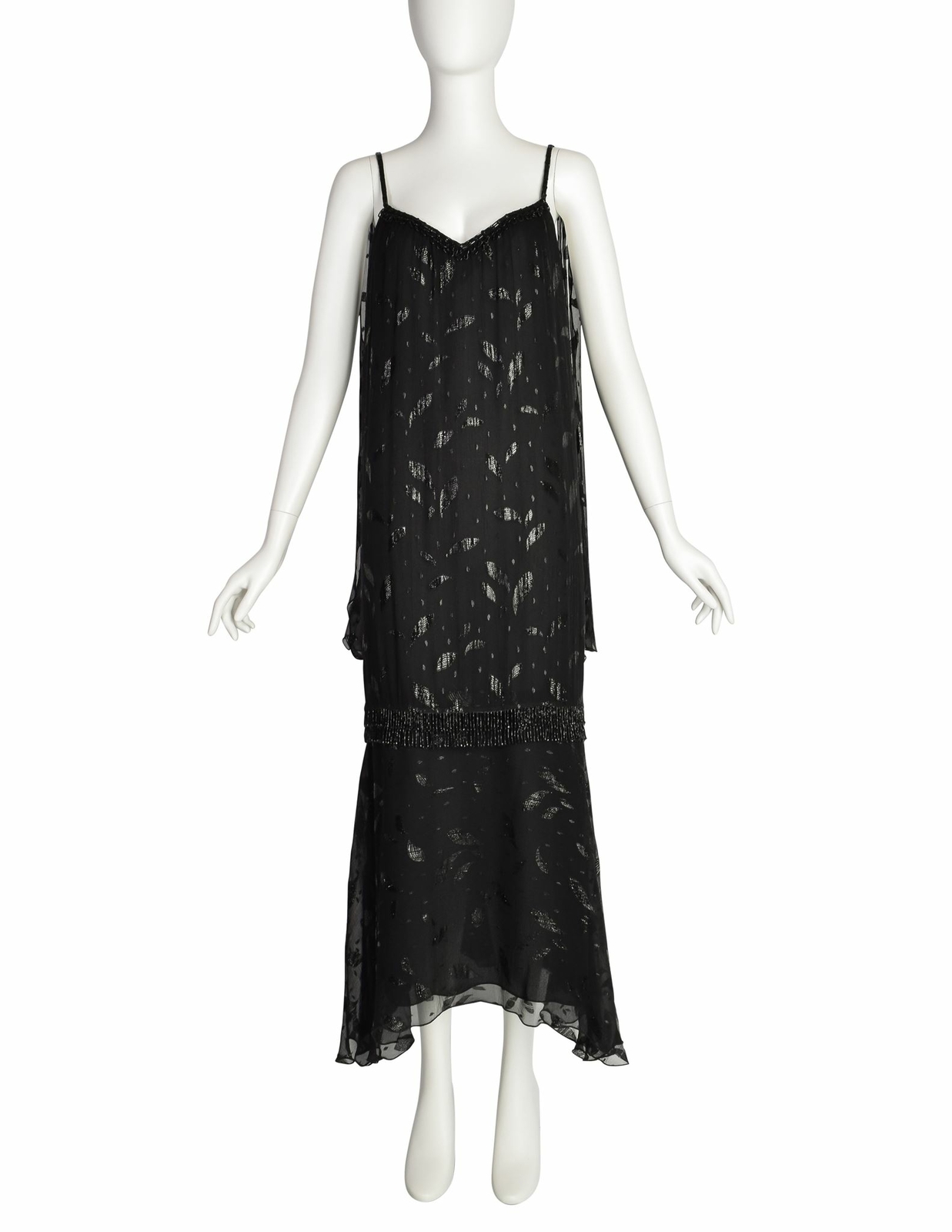 Holly’s Harp Vintage 1980s Black Silk Chiffon Metallic Leaf Jacquard Beaded Frin