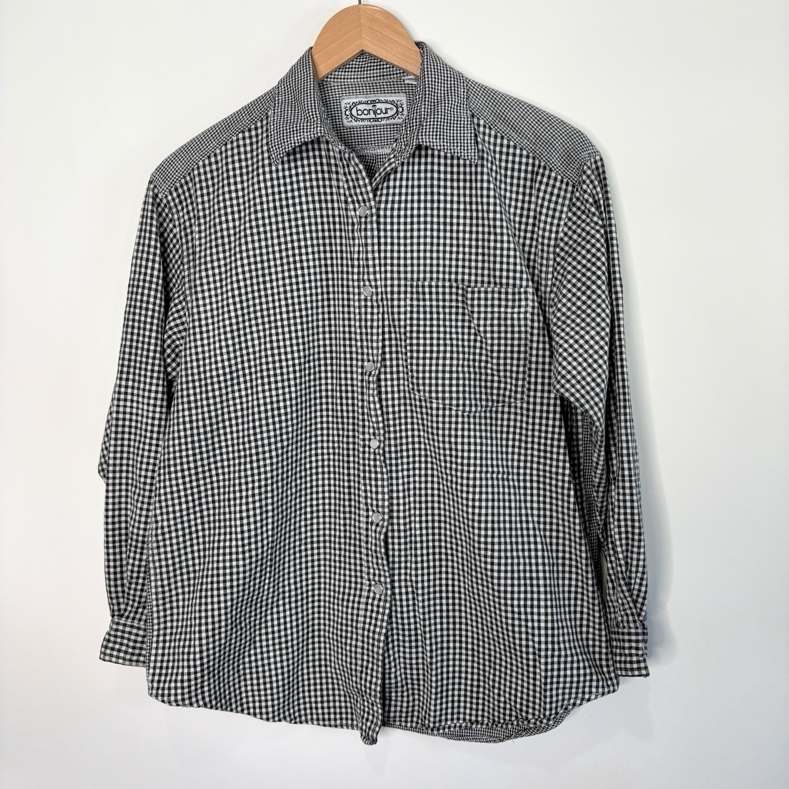 Vintage Bonjour Button Up Gingham Plaid Black White Long Sleeve Womens size M