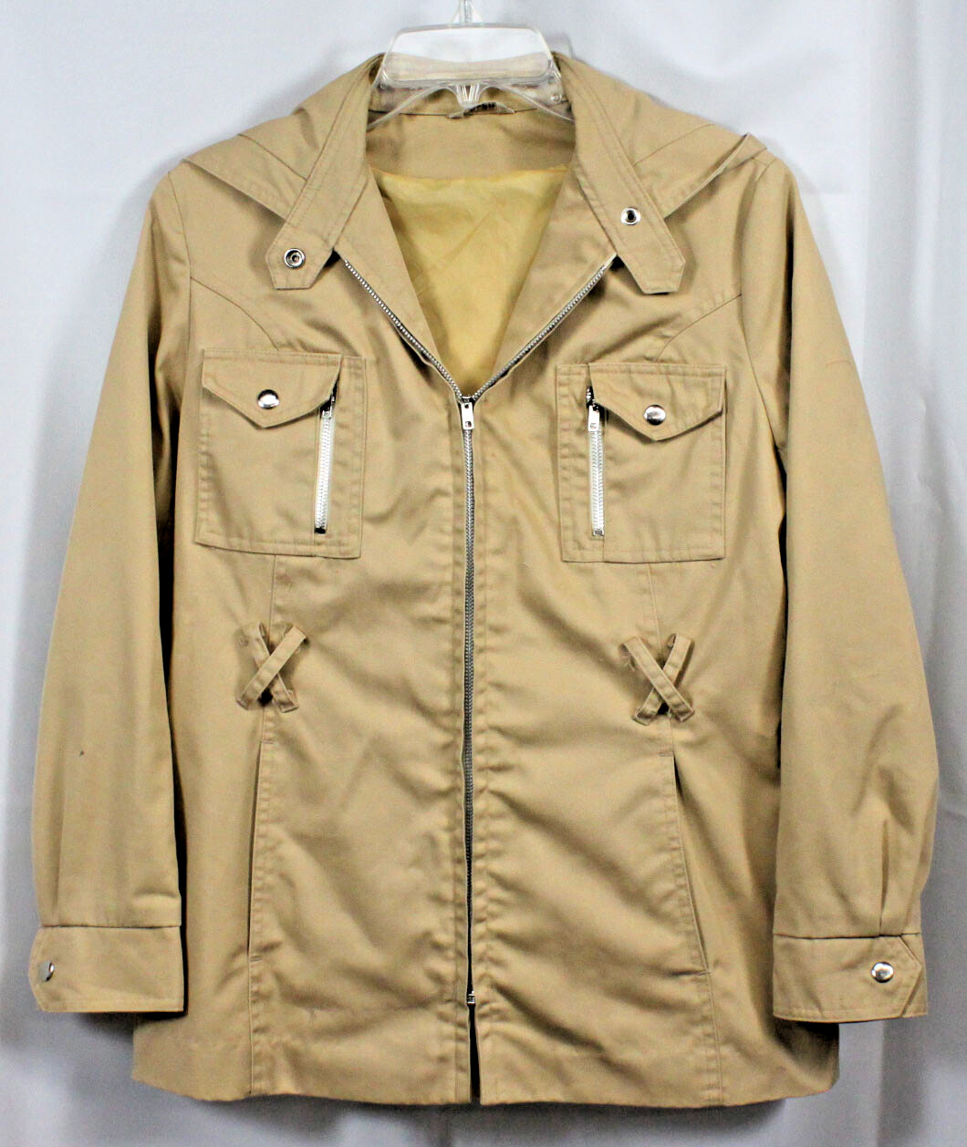 Vtg Jacket Coat Zip Front Khaki Mod Retro 70s Cotton Twill Hong Kong Mid XS/S