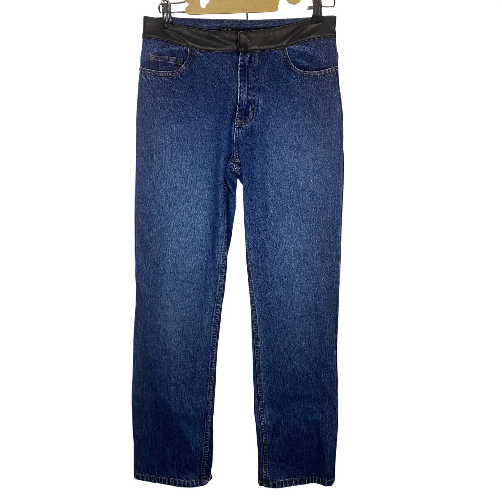 Y2K VTG DKNY JEANS Women Denim Faux Leather Waist Straight Jeans Size 6