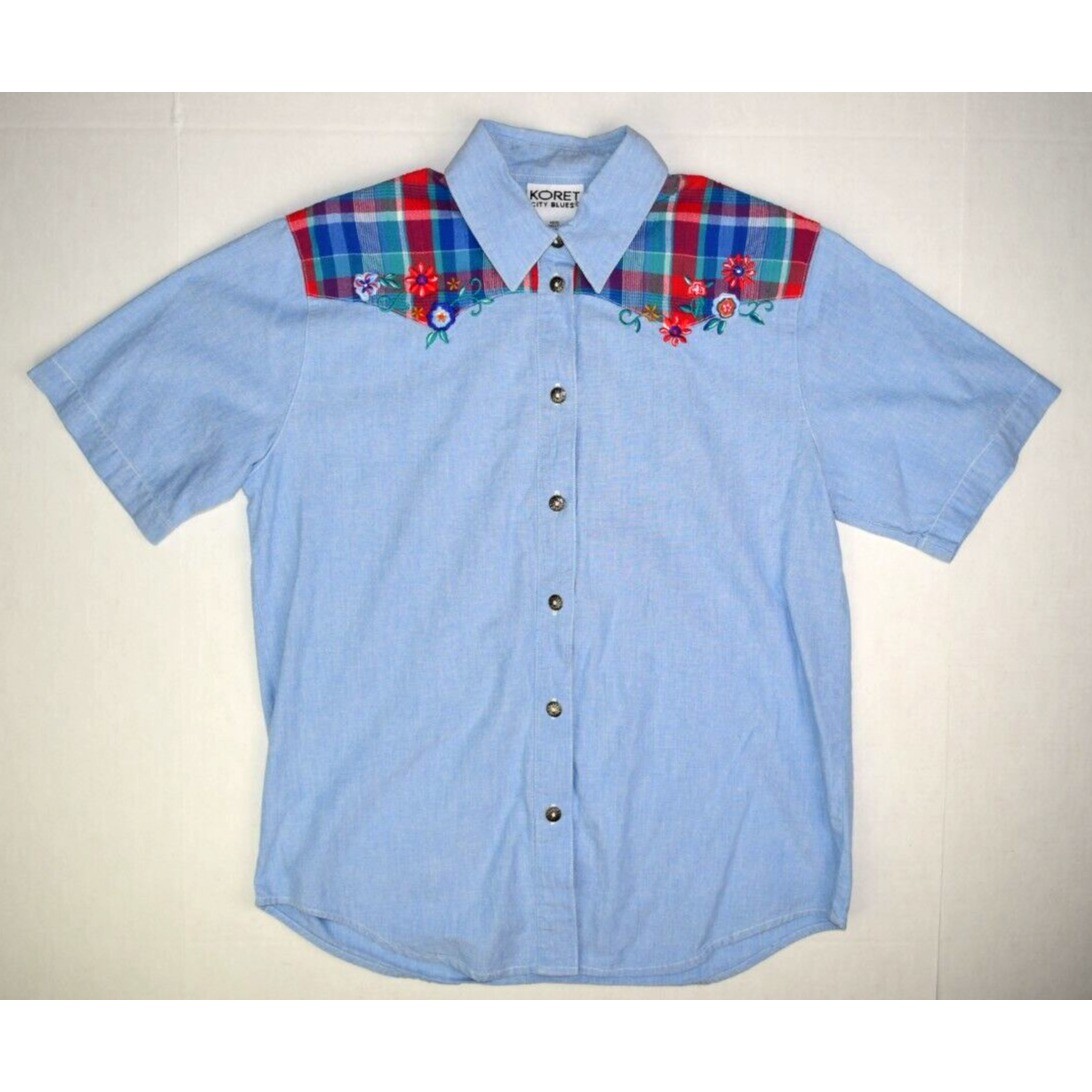 Vintage Shirt Koret City Blues Size S 80s Country Blue Chambray Plaid Shoulder