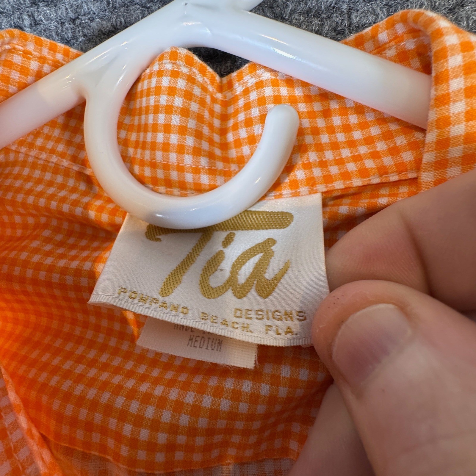 Vintage Tia Designs Orange Gingham Fish Embroidered Button Down Shirt Medium USA