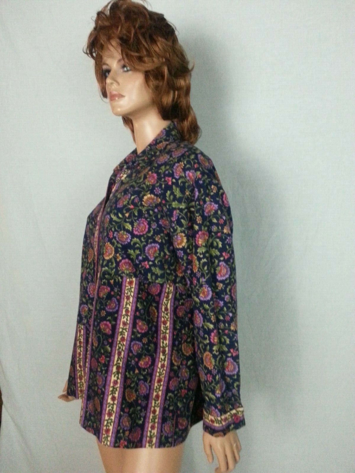 Vtg 70 80s Hand Made Blouse Top Button Down Blue Floral Long Sleeve Hippie L