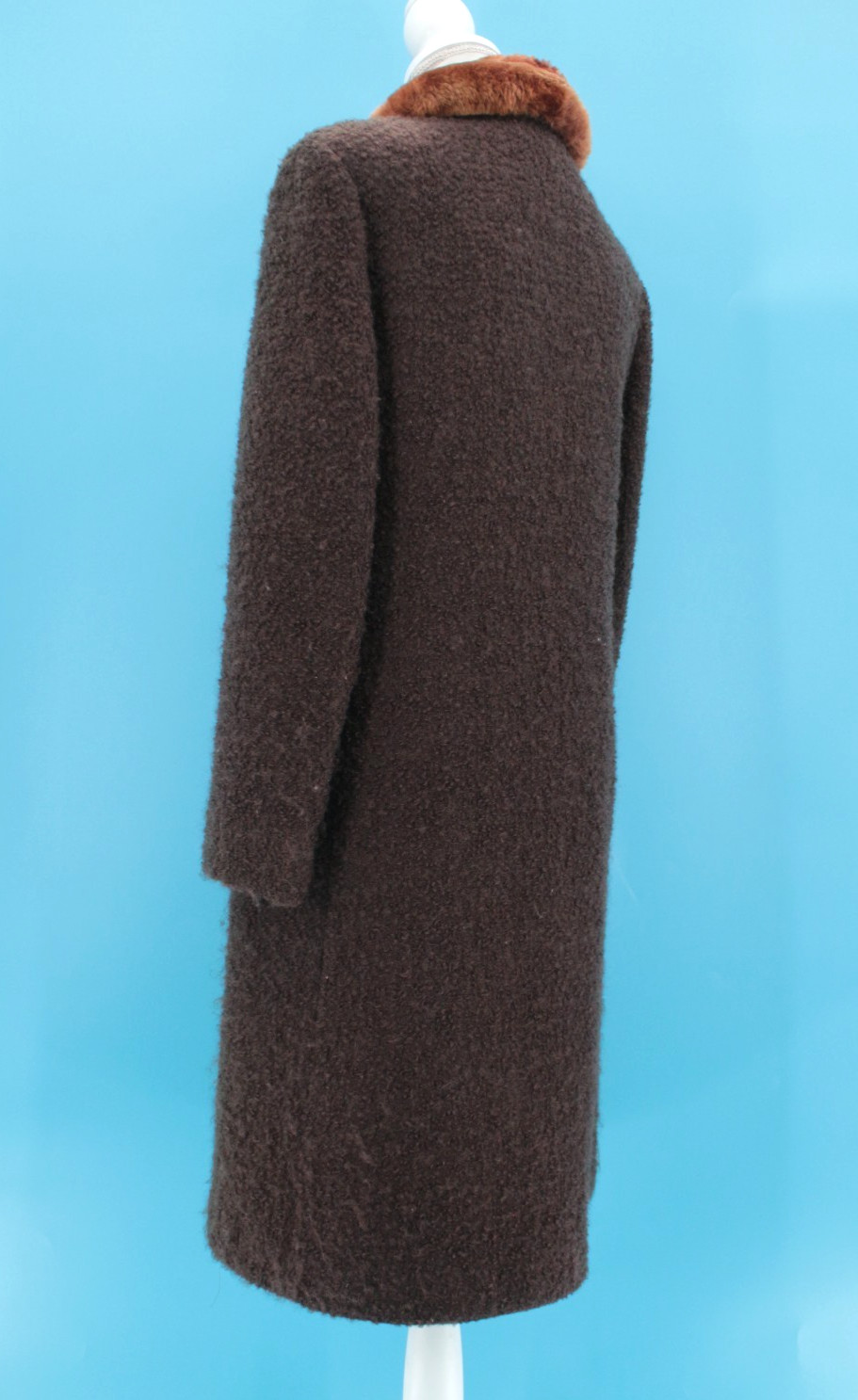 VTG Women’s 60s Dark Brown Boucle’ Wool Fur Collar Coat Sz S/M 1960s Mansfield