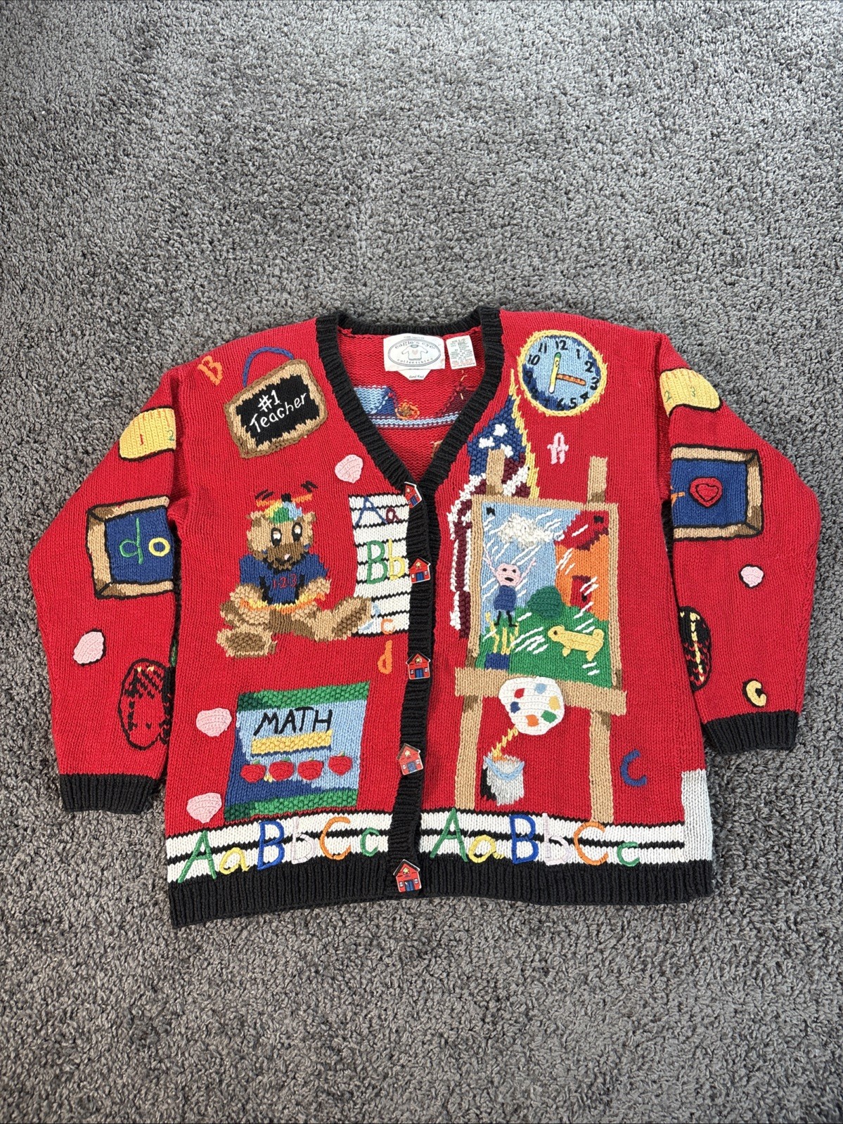 Vintage Eagle’s Eye Women’s Teacher Sweater 1990s Hand Knit Size Large Red Knit