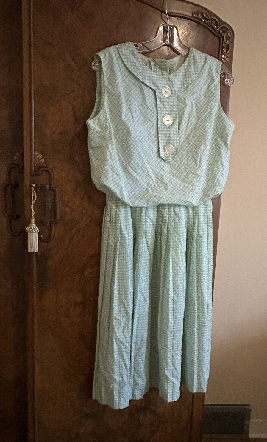 VTG 50s 60s Rockabilly Green Check Dress by Stacy Ames Back Button Missing Swing