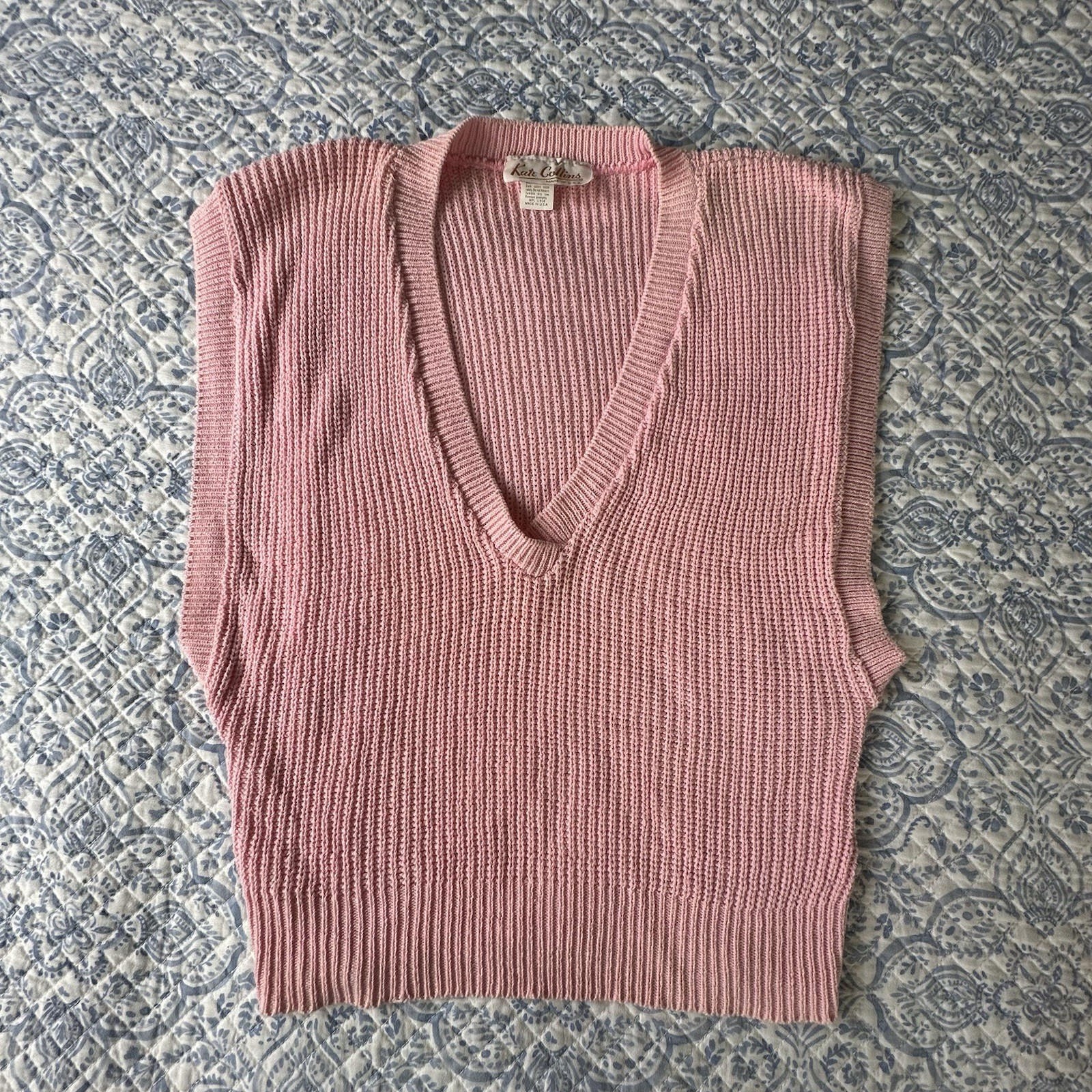 Vintage Kate Collin’s Shaker Knit V Neck Sweater Vest Pale Pink 80’s Made In USA