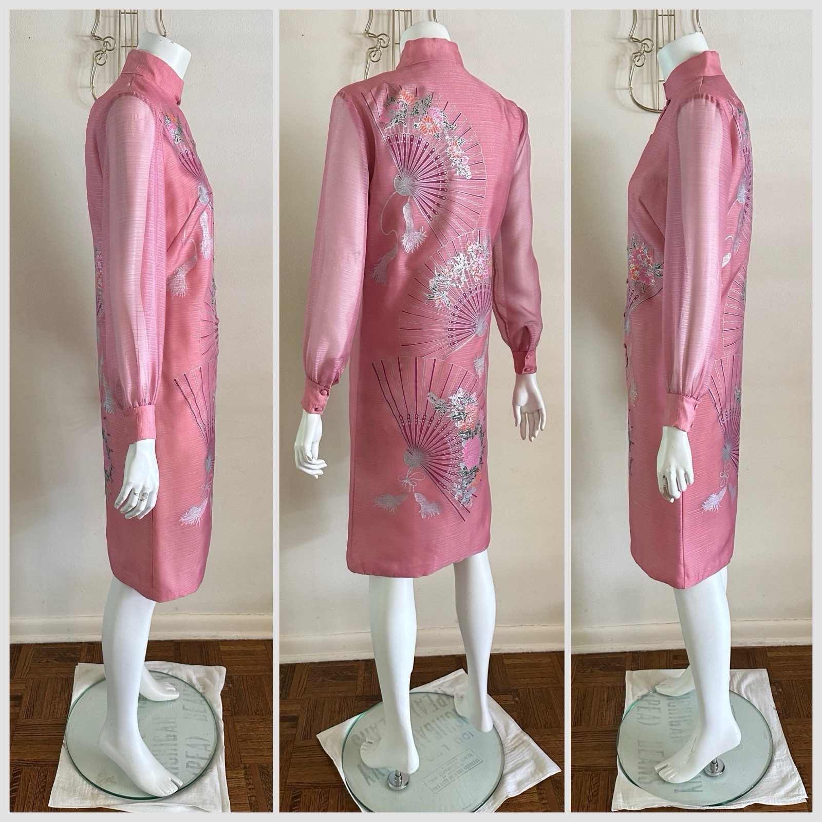 Vintage 60s 70s Alfred Shaheen Pink Fan Print Hostess Shift Dress Sheer Sleeve