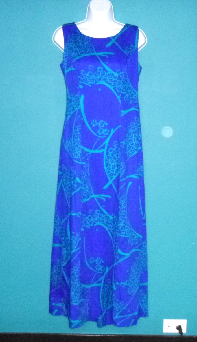 Vtg 60s 70s Waltah Clarkes Hawaiian Barkcloth Maxi Dress Aqua BLue Floral Sz S