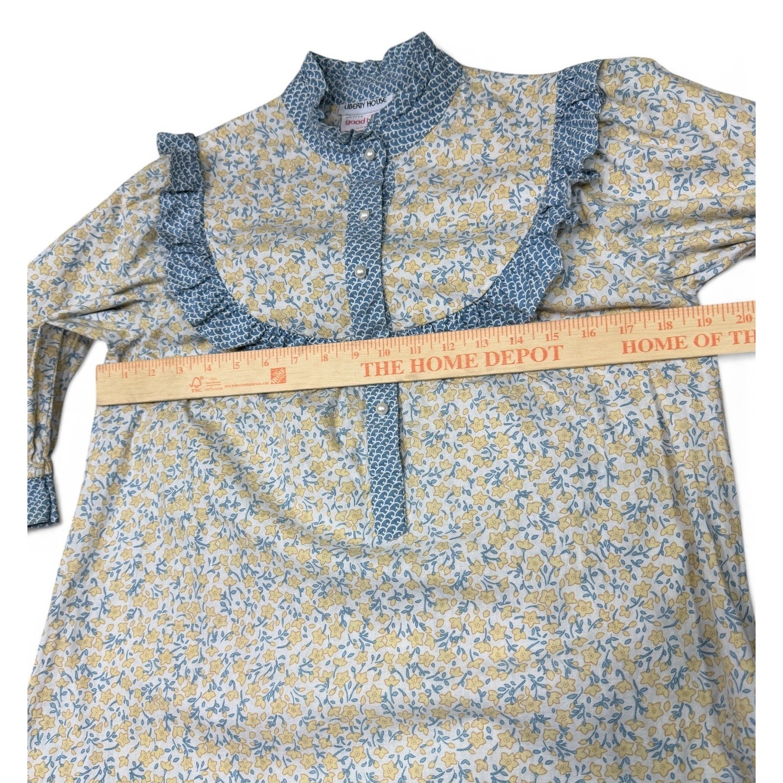 Vintage Liberty House Dress Women M Petite Yellow Blue Floral Good Times Ruffle
